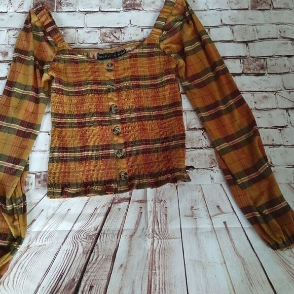 Mustard Plaid Long Sleeve Elasticized Top Small - Picture 4 of 7